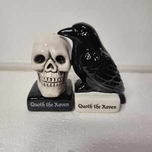 Salt & Pepper Shakers Skull and Raven Ceramic Figurines Set New In Box